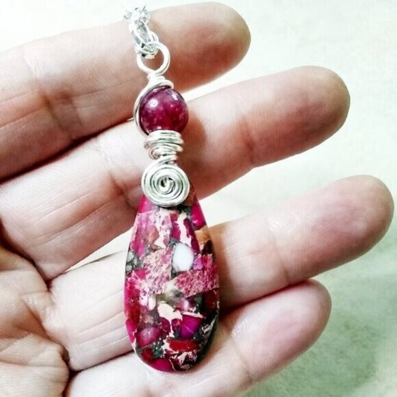 Hot Pink & Rose Pink Sea Sediment Jasper Pendant Necklace! Mature Femininity - Picture 5 of 7